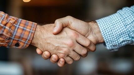 Two men are shaking hands, symbolizing a successful business agreement or partnership, as they wear casual plaid shirts in a professional setting.