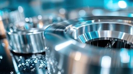 Poster - Detailed close-up of polished and shiny metallic machine components showcasing precision engineering with a focus on circular and reflective surfaces.