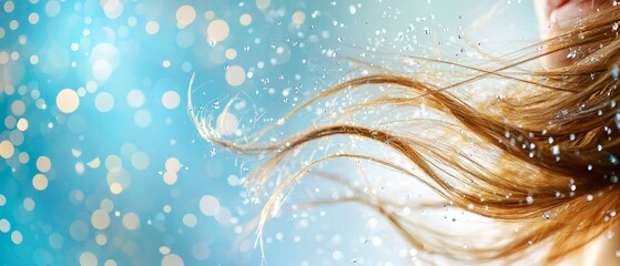 Wall Mural -  Close-up of woman's wavy hair swaying in wind against blue backdrop, dotted with water bubbles