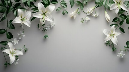 Sticker - White lilies and green leaves arranged on a gray textured background, with copy space in the center.