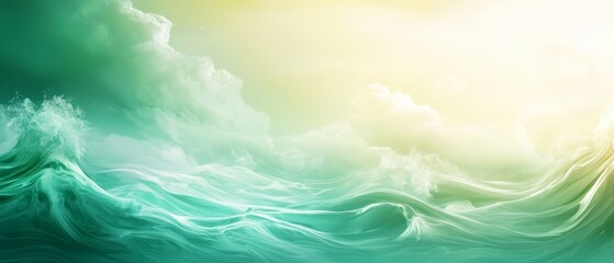  A painting of a wave in the mid-ocean, surrounded by a bright sky and foreground clouds