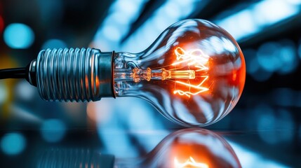 Poster - A close-up view of a traditional incandescent bulb, showcasing its glowing filament against a blurred background, creating a warm and inviting atmosphere.