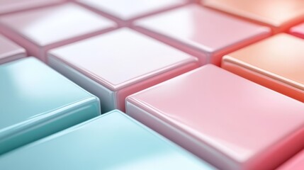 Poster - This image depicts a grid of pastel-colored, glossy square tiles in shades of blue, pink, and white, highlighting a structured and artistic layout.
