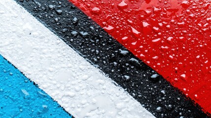 Poster - A textured close-up shot depicting a wet, colorful flag-like design with vivid stripes in red, black, white, and blue creates an abstract artistic expression.