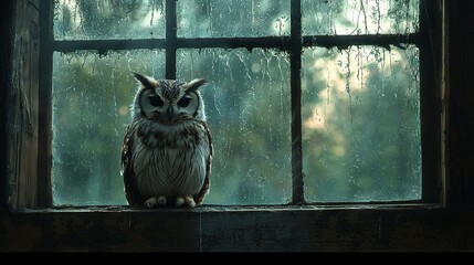 Poster -   An owl perched atop a window sill, gazing through the rain-drenched glass