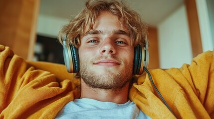 A young man with blond hair and a beard smiles warmly while wearing headphones and a yellow jacket inside a cozy, well-lit room, conveying relaxation and contentment.