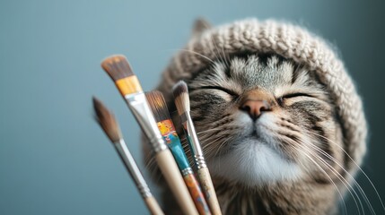 This close-up image features an adorable cat donning a knitted hat, playfully posing with a bunch of artist brushes, embodying creativity and warmth.