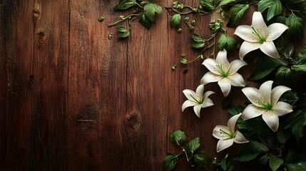 Sticker - White lilies and green leaves on a rustic wooden background.