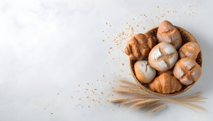 Wall Mural - Whimsical display of floating loaves and slices around a wicker basket brimming with an assortment of freshly baked bread