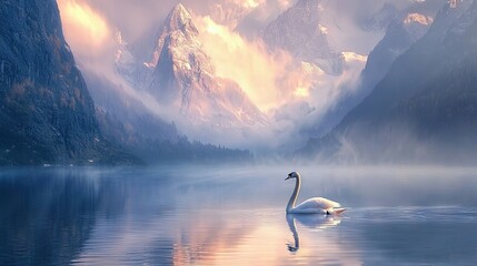 Sticker -   A white swan gracefully glides atop a serene lake nestled beside majestic snow-capped peaks in the backdrop