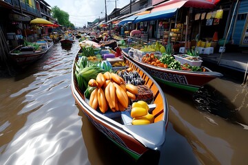 Aufkleber - Interactive 3D digital scene of a floating market in Thailand, where users can explore the boats, interact with the vendors, and experience the vibrant atmosphere in a fully animated environment