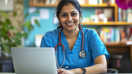 Indian medical professional working on laptop in healthcare office