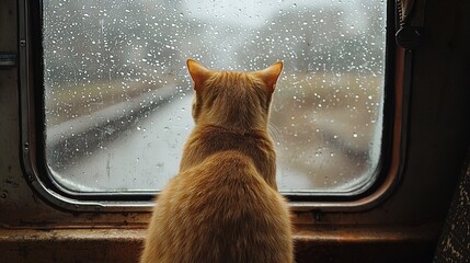 Poster -   A cat perched on a windowsill, gazing out at a rain-splattered train window