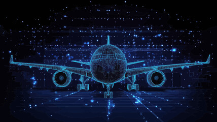 Poster - Digital Wireframe of Airplane in Hangar, Blue Polygonal 3D Mesh, Maintenance and Aircraft Repair Concept, Starry Sky Background, Technology and Transport Visualization