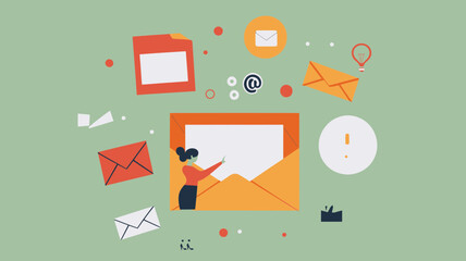 Poster - Email Marketing Strategy Vector Illustration with Character Sending Digital Messages and Envelopes, Concept of Online Communication, Advertising Campaign, and Business Promotion Tools