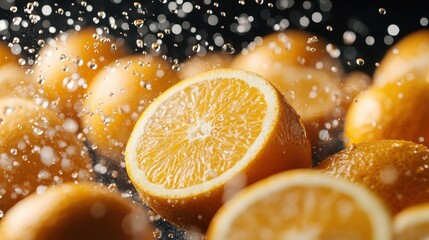 Poster - A dramatic photo of a halved orange surrounded by water droplets, symbolizing freshness and vitality. The dynamic composition evokes energy and refreshment.