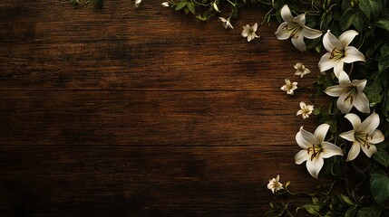 Wall Mural - White lilies on rustic wooden background.