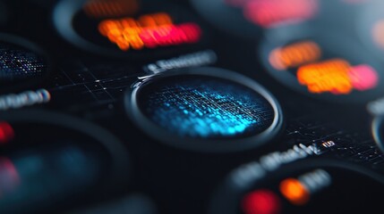 Poster - A close-up view of a data-processing interface displays glowing blue code, representing innovation, digital information, and cutting-edge technology in action.