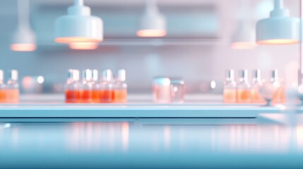 Poster - A serene view of laboratory bottles softly illuminated by warm ambient lighting, suggesting quiet focus and the tranquility of scientific exploration and discovery.