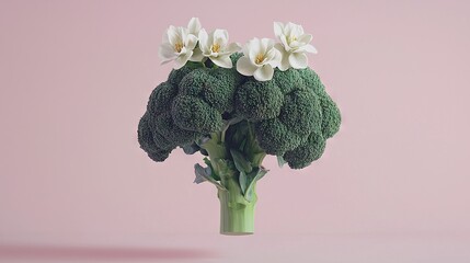 Sticker -   A vase filled with white broccoli and green flowers against a pink backdrop