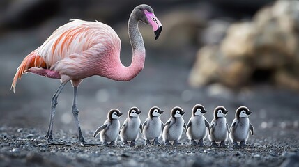 Poster -   A pink flamingo in front of baby birds on a gravel area with rocks in the background