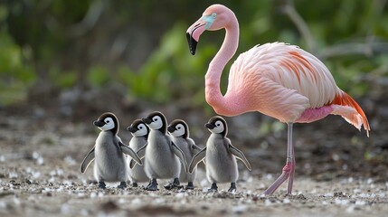 Sticker -   A flamingo standing before a group of baby penguins on a sandy location with trees in the background