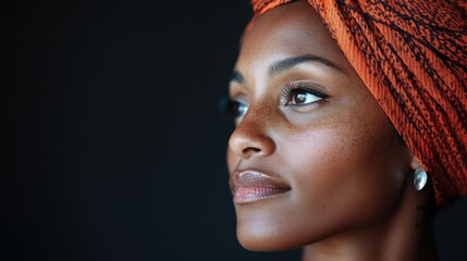 Poster - A striking portrait of a woman with freckles, wearing an orange turban, displaying confidence and beauty against a dark background, focusing on facial features.