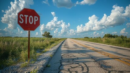 Poster - A stop sign is on a road in a rural area
