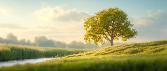 Wall Mural -  A tree atop a lush, green hillside adjacent to a river in a verdant field