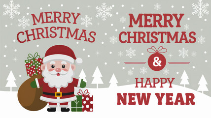 Christmas card set. Merry Christmas and Happy New Year greeting with cute santa claus with rose cheeks, cartoon style. .