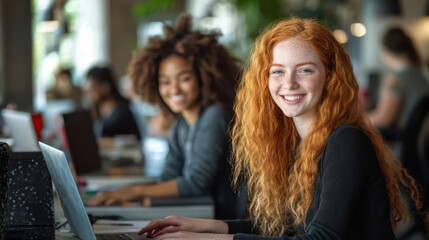 Poster - She is surrounded by other people, some of whom are also using laptops