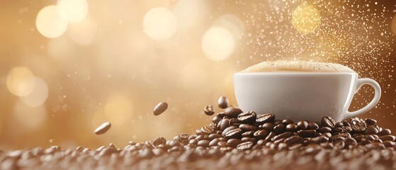 Wall Mural -  A cup of coffee atop two piles of coffee beans