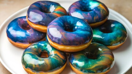 Galaxy Donuts, Donuts with a shiny glaze resembling the swirling colors of a galaxy.