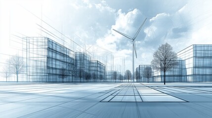 Aufkleber - A futuristic cityscape featuring wind turbines, symbolizing sustainable urban development and the integration of clean energy technology in modern architecture, Generative AI