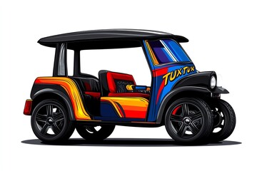 Aufkleber - Minimalist illustration of a Tuk Tuk, using clean lines and vibrant colors to capture the iconic shape of the three-wheeled vehicle on a white background.
