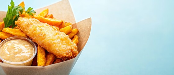 Wall Mural -  A tight shot of a table against a blue backdrop, displaying a basket brimming with French fries and a bottle of ketchup