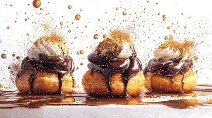 Wall Mural -   Three chocolate-covered donuts with colorful sprinkles on a pristine white background, adorned with a subtle water droplet