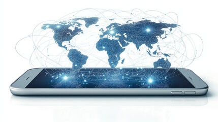 Fototapete - A smartphone displaying a digital world map, symbolizing global connectivity, modern technology, and the seamless transfer of data across international networks, Generative AI