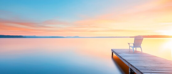 Wall Mural -  A white chair atop a pier facing body of water during sunset