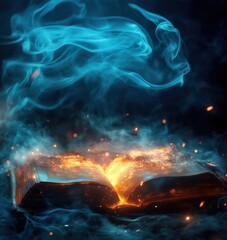 Poster - magical glowing book with ethereal smoke and sparks