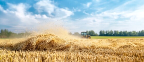 Wall Mural -  A tractor traverses a field, foregrounded by a bale of hay Background features a blue sky adorned with clouds