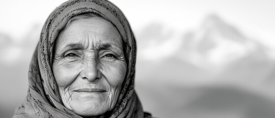 Wall Mural -  A monochrome image of a woman in a scarf, head covered, amidst mountain ranges behind