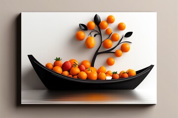 Poster - Minimalist illustration of a single boat at the floating market, with clean lines and vibrant fruit shapes capturing the essence of the Thai floating market in a simple design