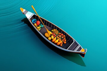 Poster - Minimalist illustration of a single boat at the floating market, with clean lines and vibrant fruit shapes capturing the essence of the Thai floating market in a simple design