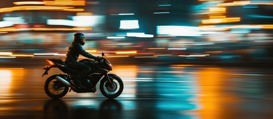 Motorcycle rider speeding through city at night, blurred lights