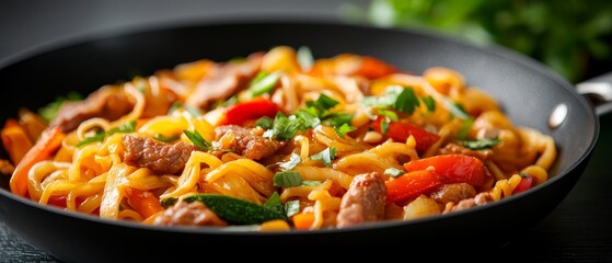 Wall Mural -  A tight shot of pasta in a skillet, placed on a table Green garnish of leafy herbs adorns the dish