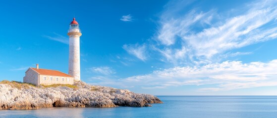  A lighthouse atop a rocky outcropping, mid-ocean beneath a blue sky, veiled in wispy clouds