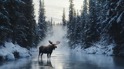 Wall Mural -   Moose standing in snow-covered forest by river