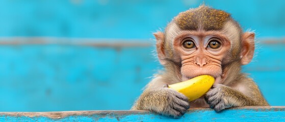 Sticker -  A monkey, close-up, holds a banana in its mouth against a blue wall backdrop