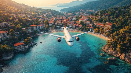 Airplane fly above beautiful nature landscape island, Tourism destination, Background for banner summer holiday vacation travel trip